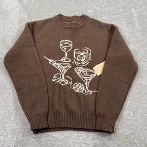 Escape Graphic Knit Sweater Mens Medium Brown Cocktail Martini Barware Pullover